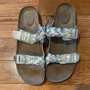 Braided Double-Strap Metallic Gold Slide Sandals